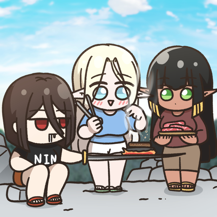 3girls, alternate_costume, black_hair, blonde_hair, blue_eyes, brown_hair, cerestia_of_life, chibi
