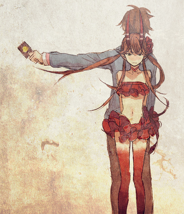 1girl, arms_behind_back, bare_shoulders, blush, brown_hair, c_(control), c_the_money_of_soul_and_possibility_control, collar, flower, green_eyes, hair_flower, hair_ornament, horns, long_hair, mashu, mashu_(control), midriff, navel, pointy_ears, r_inami, thigh-highs, thighhighs, yoga_kimimaro, zettai_ryouiki
