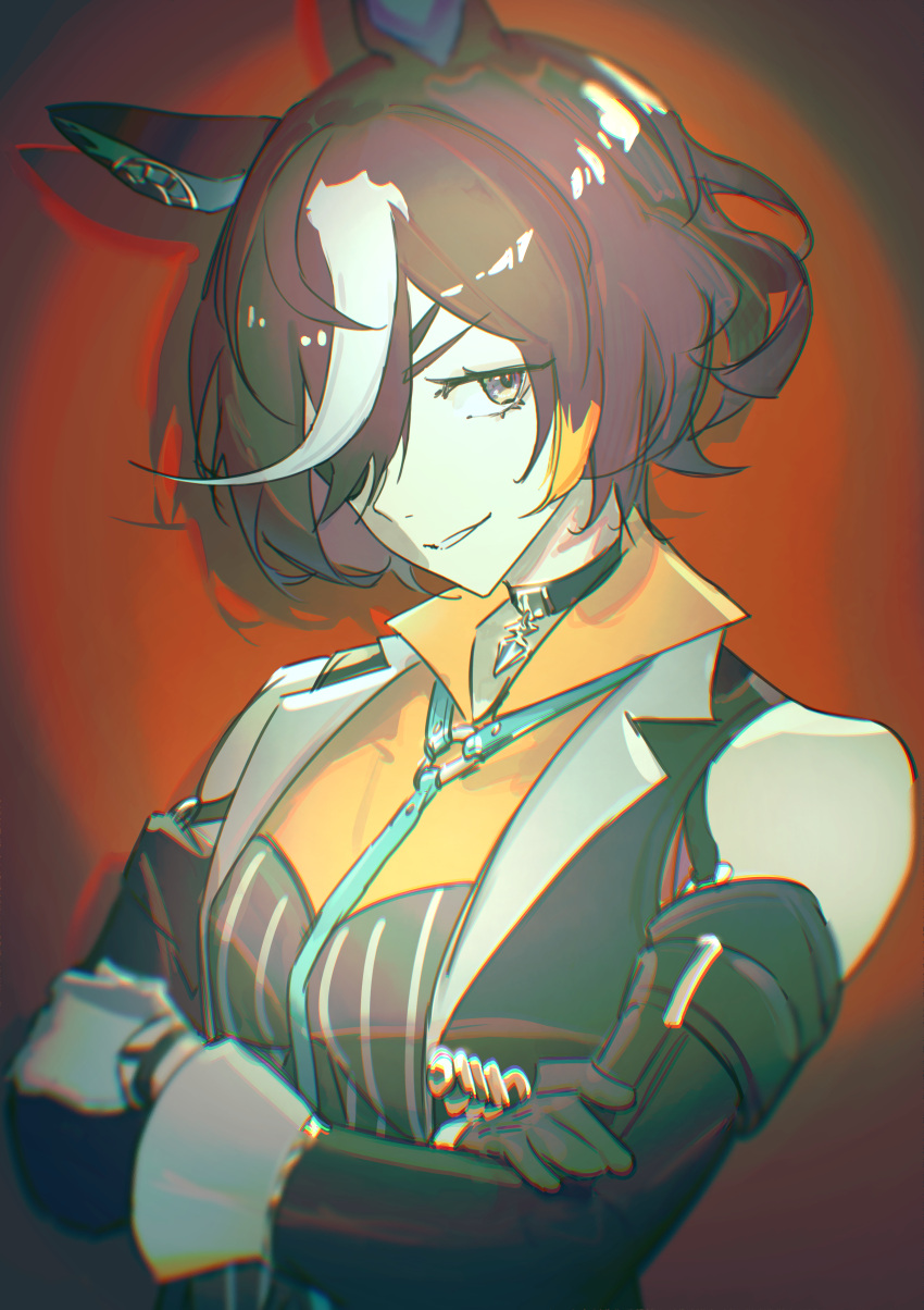 1girl, absurdres, animal_ears, asymmetrical_gloves, bare_shoulders, black_choker, black_gloves, blue_necktie, breasts, brown_hair, choker, collared_shirt, commentary, detached_sleeves, ear_ornament, english_commentary, eyepatch, gloves, hair_between_eyes, hair_over_one_eye, highres, horse_ears, horse_girl, jacket, long_sleeves, looking_at_viewer, mismatched_gloves, multicolored_hair, necktie, orange_shirt, parted_lips, peemy, pendant_choker, shirt, short_hair, sleeveless, sleeveless_jacket, smile, solo, streaked_hair, tanino_gimlet_(embodiment_of_keravnos)_(umamusume), tanino_gimlet_(umamusume), umamusume, upper_body, white_gloves, white_hair, yellow_eyes, yellow_shirt