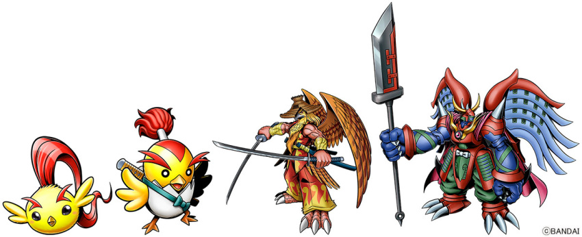 armor, bird, buraimon, butenmon, chicchimon, chicken, commentary_request, digimon, digimon_(creature), dual_wielding, eggshell, evolutionary_line, full_body, hat, helmet, holding, holding_sword, holding_weapon, horns, hyokomon, katana, official_art, red_armor, red_helmet, ronin, straw_hat, sword, sword_on_back, weapon, weapon_on_back