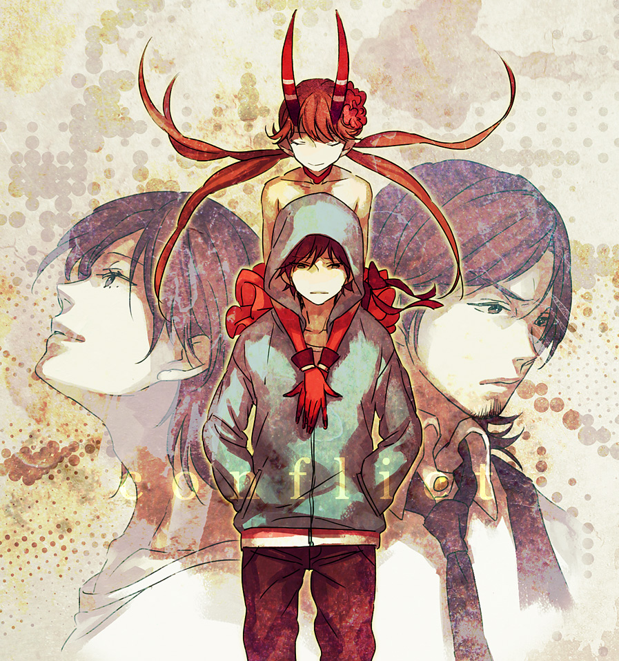 3boys, bare_shoulders, brown_hair, c_(control), c_the_money_of_soul_and_possibility_control, closed_eyes, collar, eyes_closed, flower, gloves, hair_flower, hair_ornament, horns, long_hair, mashu, mashu_(control), mikuni_souichirou, multiple_boys, r_inami, sennoza_kou, yoga_kimimaro