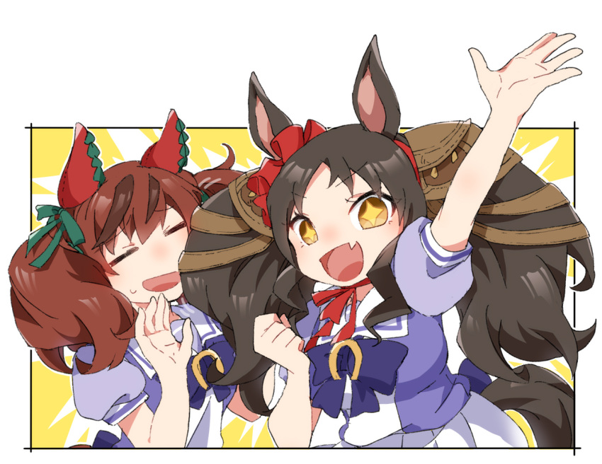 +_+, 2girls, :d, arm_up, beer_hsk, black_hair, blush, bow, breasts, brown_eyes, brown_hair, closed_eyes, ear_bow, fang, green_bow, marvelous_sunday_(umamusume), medium_breasts, multicolored_hair, multiple_girls, nice_nature_(umamusume), pleated_skirt, puffy_short_sleeves, puffy_sleeves, purple_bow, purple_shirt, school_uniform, shirt, short_sleeves, skirt, small_sweatdrop, smile, streaked_hair, sweat, tracen_school_uniform, twintails, umamusume, v-shaped_eyebrows, white_skirt