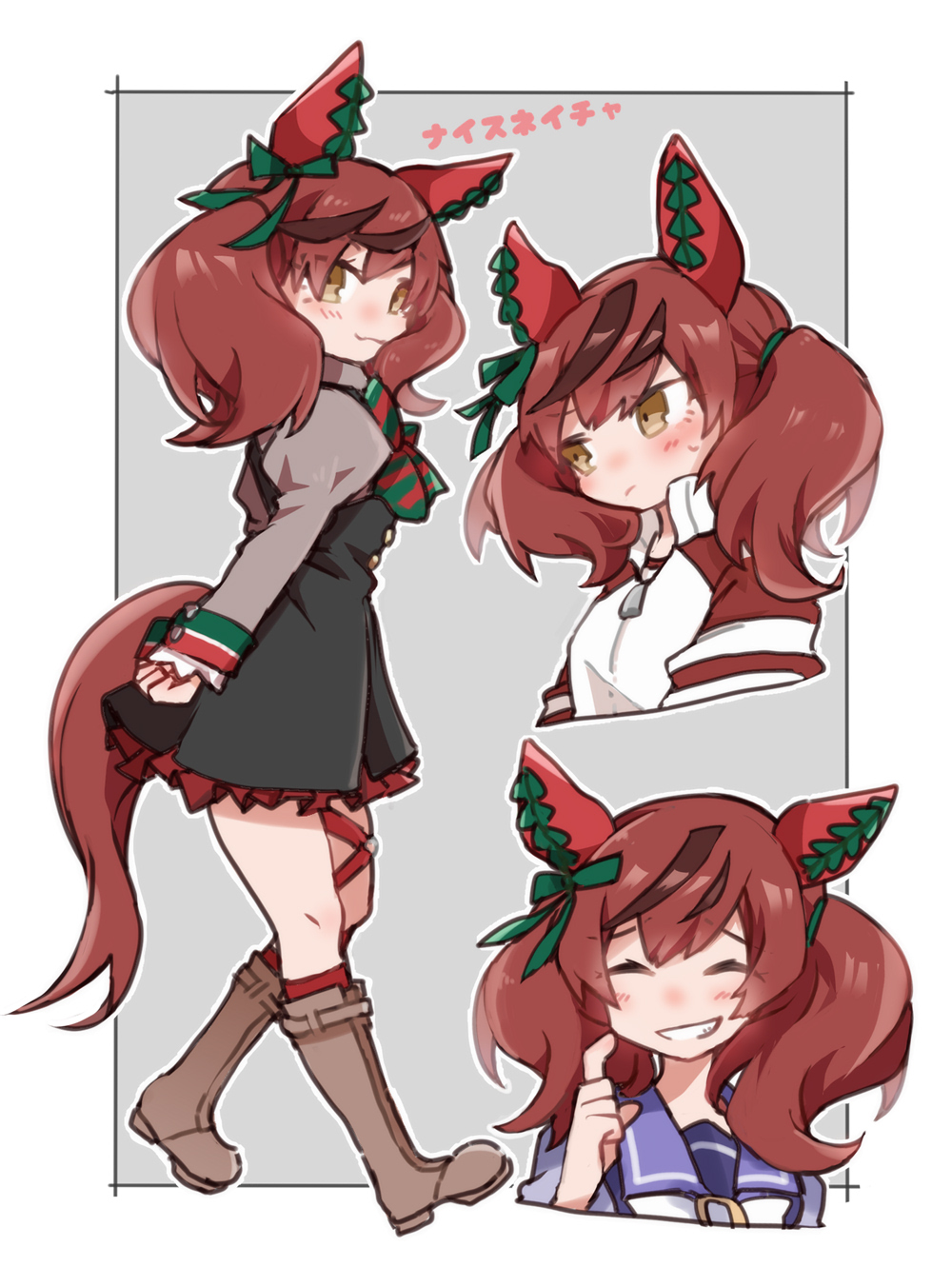 1girl, ^_^, animal_ears, beer_hsk, black_dress, blush, boots, border
