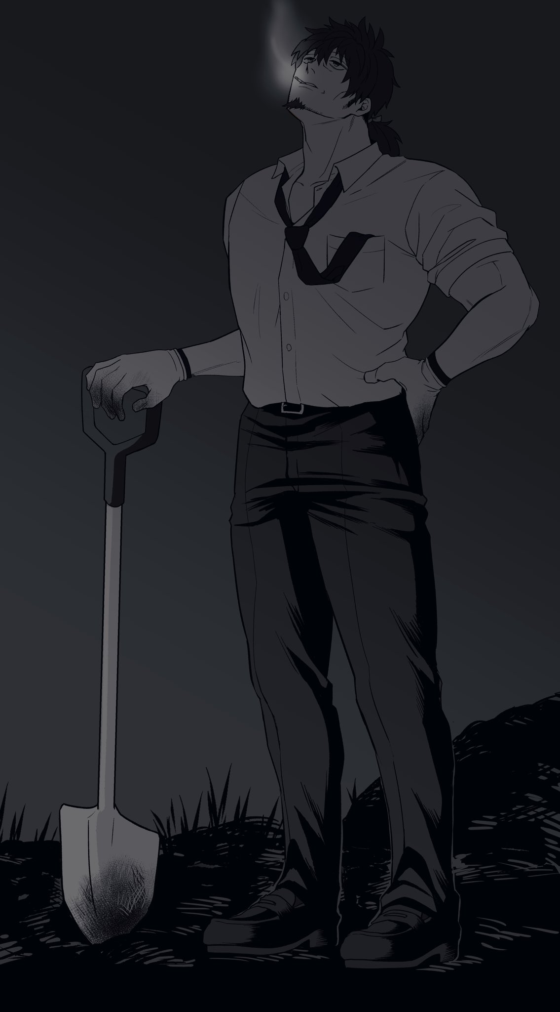1boy, belt, cheekbones, cigarette, collared_shirt, commentary_request, facial_hair, fate/grand_order
