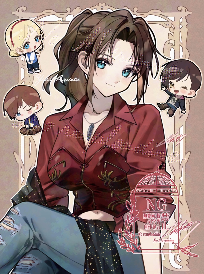 1boy, 3girls, blonde_hair, blue_eyes, blush, brown_hair, chibi, claire_redfield