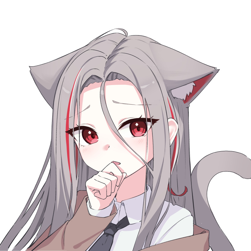 1girl, animal_ears, black_necktie, brown_jacket, cat_ears, cat_girl, cat_tail, collared_shirt