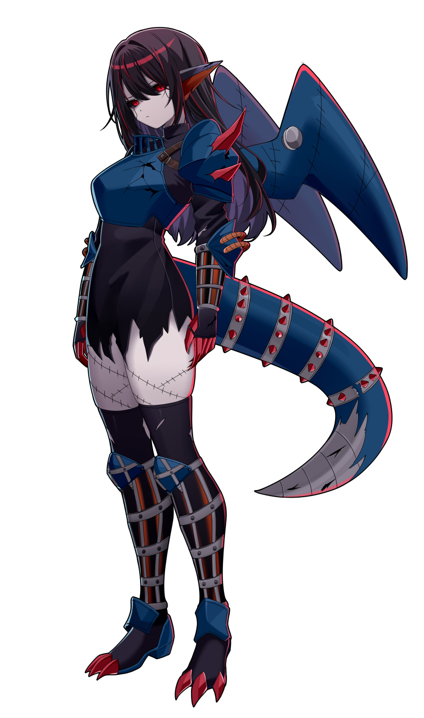 1girl, absurdres, animal_ears, armor, black_sclera, body_armor, brown_hair, clawed_feet