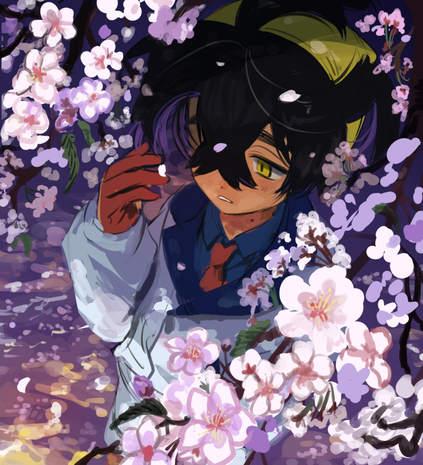1boy, assassinookayu, black_hair, blue_shirt, branch, collared_shirt, crossed_bangs, flower