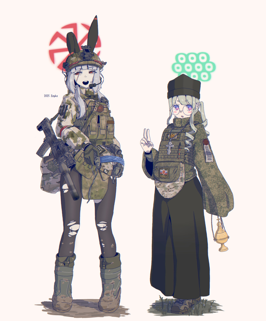 2girls, absurdres, animal_ears, assault_rifle, b1-517, black_sun_(symbol), black_thighhighs, bullpup, camouflage, chaplain, cross, foregrip, full_body, glasses, gun, headset, helmet, highres, holding, holding_unworn_helmet, incense_burner, katzion, kolovrat_(symbol), load_bearing_vest, military_combat_uniform, military_uniform, multiple_girls, open_mouth, original, orthodox_cross, ponytail, purity_seal, rabbit_ears, red_eyes, rifle, scar, scar_across_eye, scar_on_face, sidelocks, suppressor, symbol_request, thigh-highs, torn_clothes, torn_thighhighs, unworn_headwear, unworn_helmet, v, weapon, weapon_request, white_background, zayka_(b1-517)