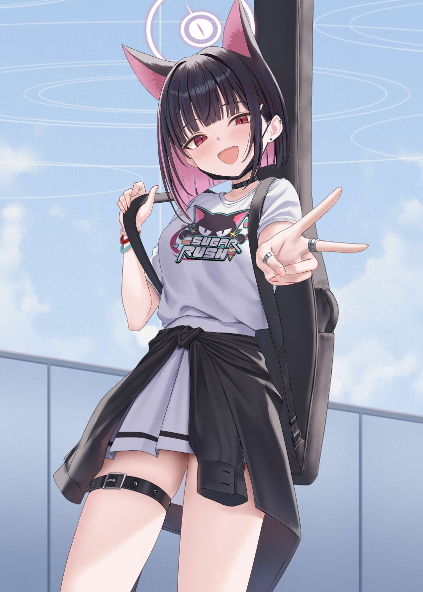 1girl, :d, absurdres, animal_ears, black_hair, black_jacket, blue_archive, blue_sky