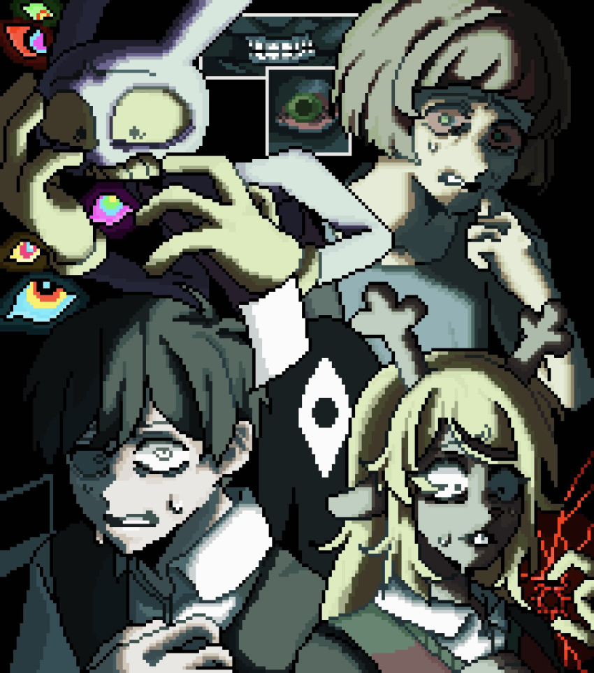2boys, 2girls, 9aaaalt29, abstraction_(the_amazing_digital_circus), animal_ears, antenna_hair, antlers, bare_arms
