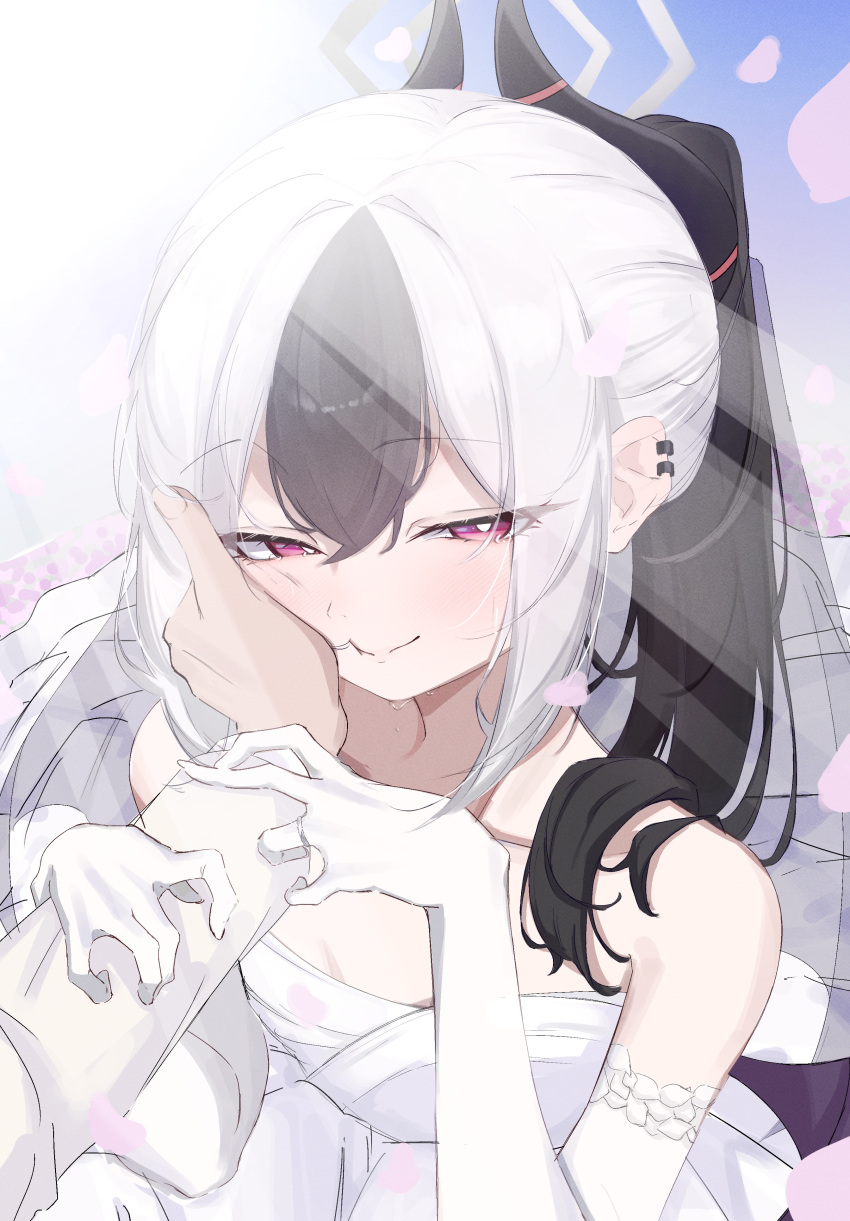 1boy, 1girl, absurdres, bare_shoulders, black_hair, black_horns, blue_archive, bride