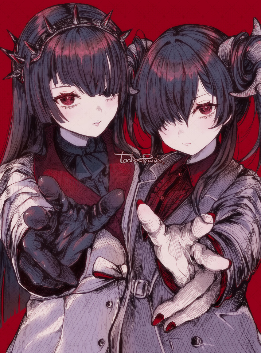 2girls, absurdres, abyssal_ship, black_eyes, black_gloves, black_hair, buttons, closed_mouth