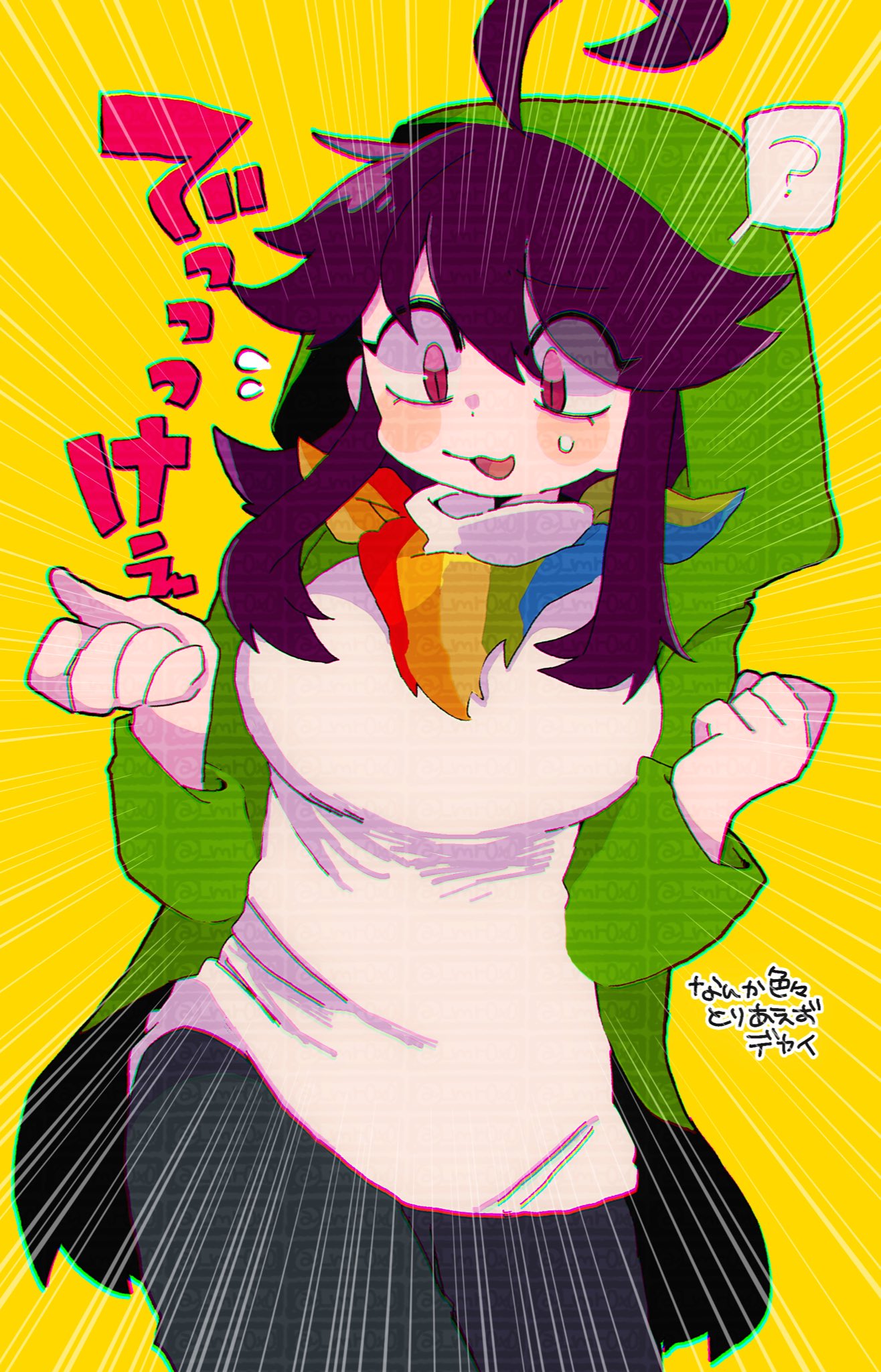 1girl, ?, adversarial_noise, ahoge, alternate_universe, bandana, bandana_around_neck, black_pants