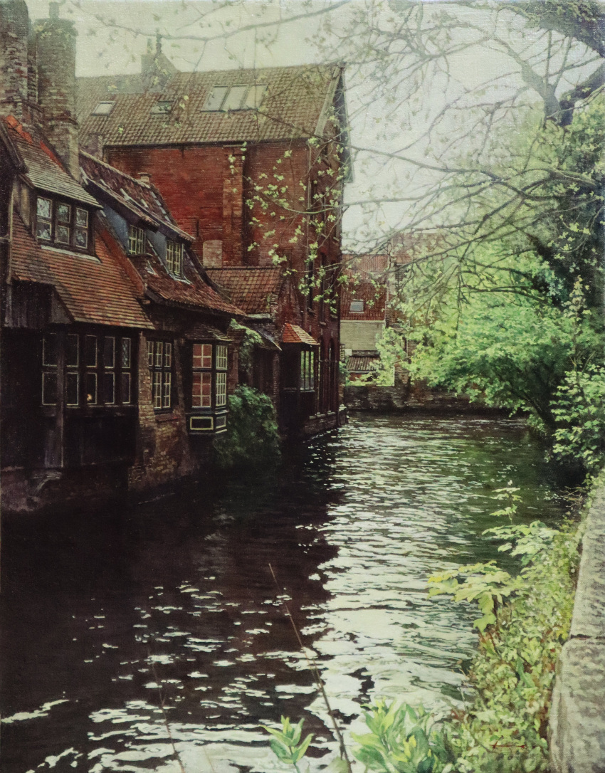 absurdres, belgium, brick_wall, canal, commentary_request, day, forest, highres, house, naohiro_ito, nature, no_humans, original, outdoors, painting_(medium), photorealistic, realistic, scenery, shadow, sunlight, tile_roof, town, traditional_media, tree