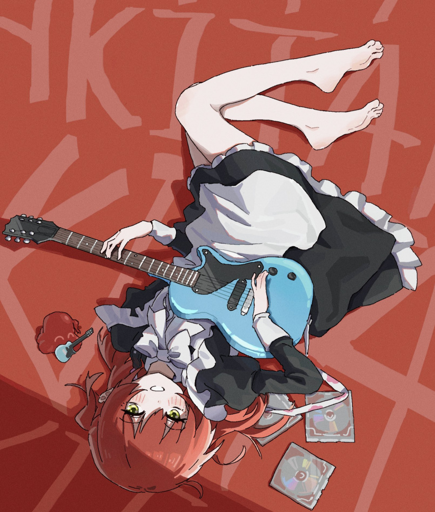 apron, bare_legs, barefoot, bocchi_the_rock!, cd, cd_case, commentary_request, green_eyes