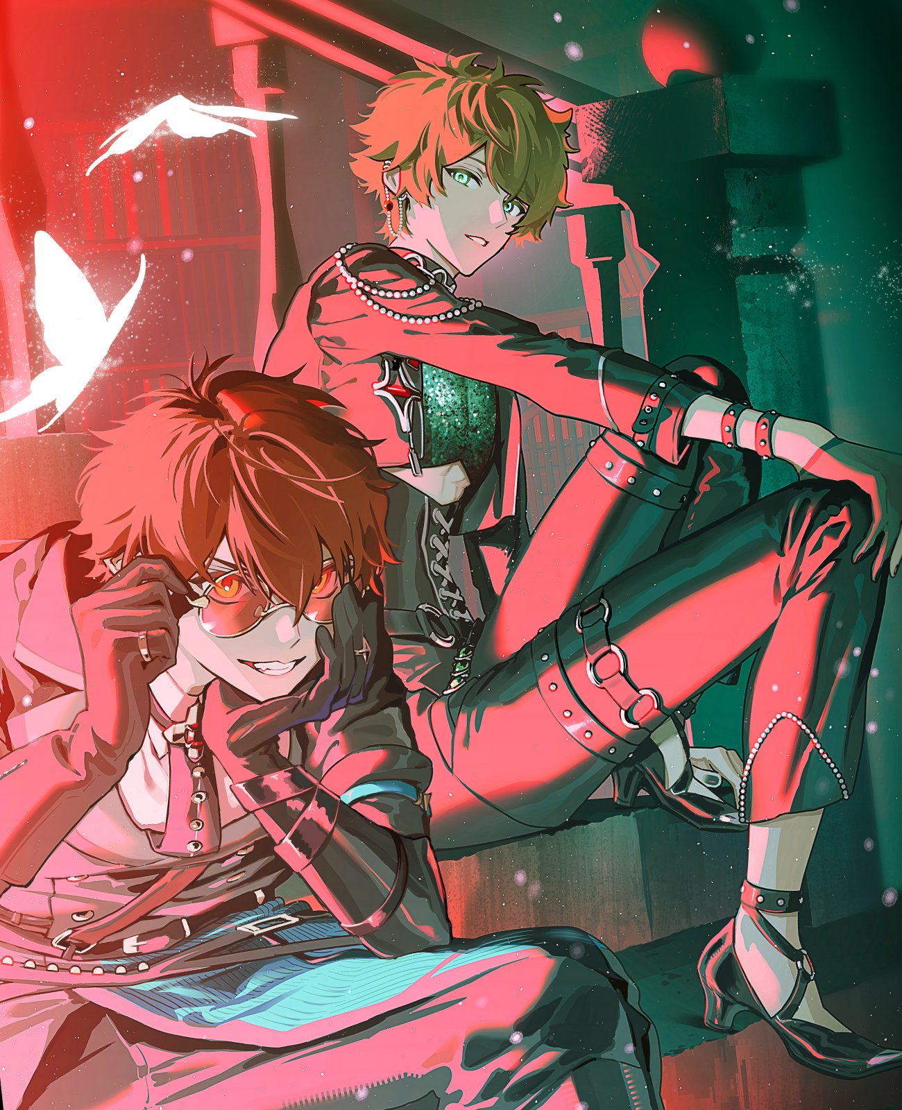2boys, adjusting_eyewear, beads, belt_buckle, bespectacled, black_gloves, bracelet, brown_hair, buckle, bug, butterfly, butterfly_(ensemble_stars!), clenched_teeth, commentary_request, corset, ensemble_stars!, evil_telephone_(ensemble_stars!), glasses, gloves, green_eyes, hair_between_eyes, hand_on_own_knee, hands_up, high_heels, highres, jewelry, long_sleeves, looking_at_viewer, male_focus, morisawa_chiaki, multiple_boys, pants, parted_lips, ring, round_eyewear, sac_desu, short_hair, sitting, sitting_on_stairs, smile, stairs, takamine_midori, teeth