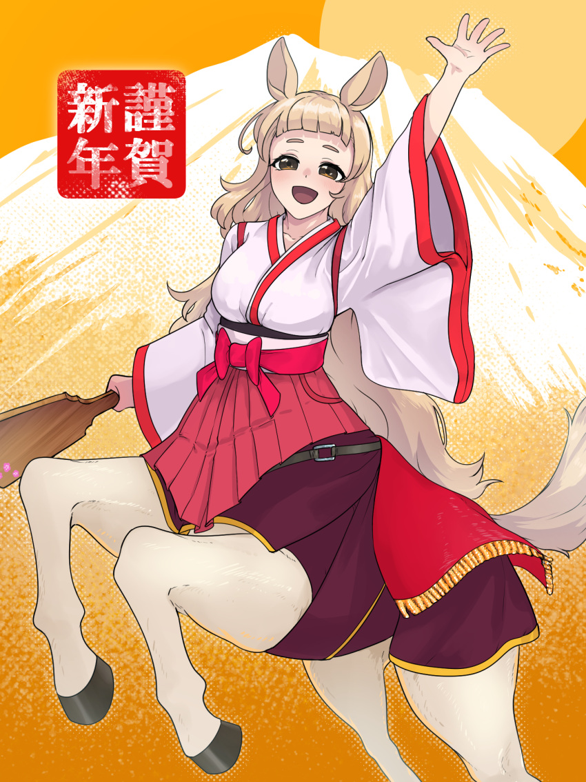 1girl, :d, animal_ears, arm_up, blonde_hair, blunt_bangs, breasts, brown_eyes