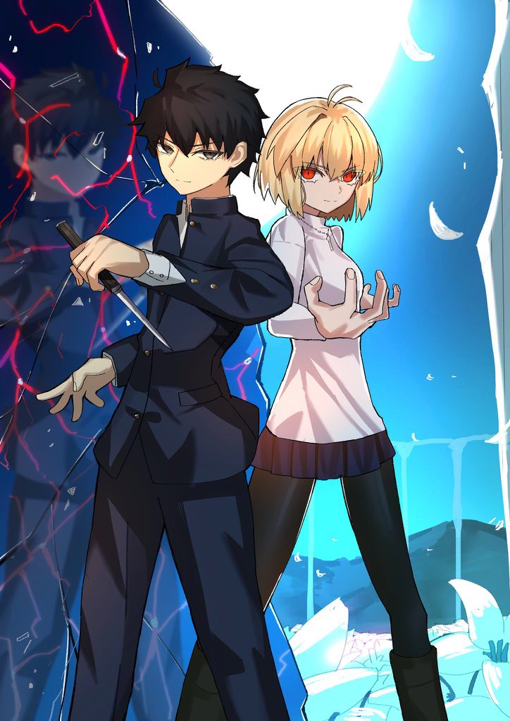 1boy, 1girl, ahoge, angry, arcueid_brunestud, black_eyes, black_hair, black_pantyhose