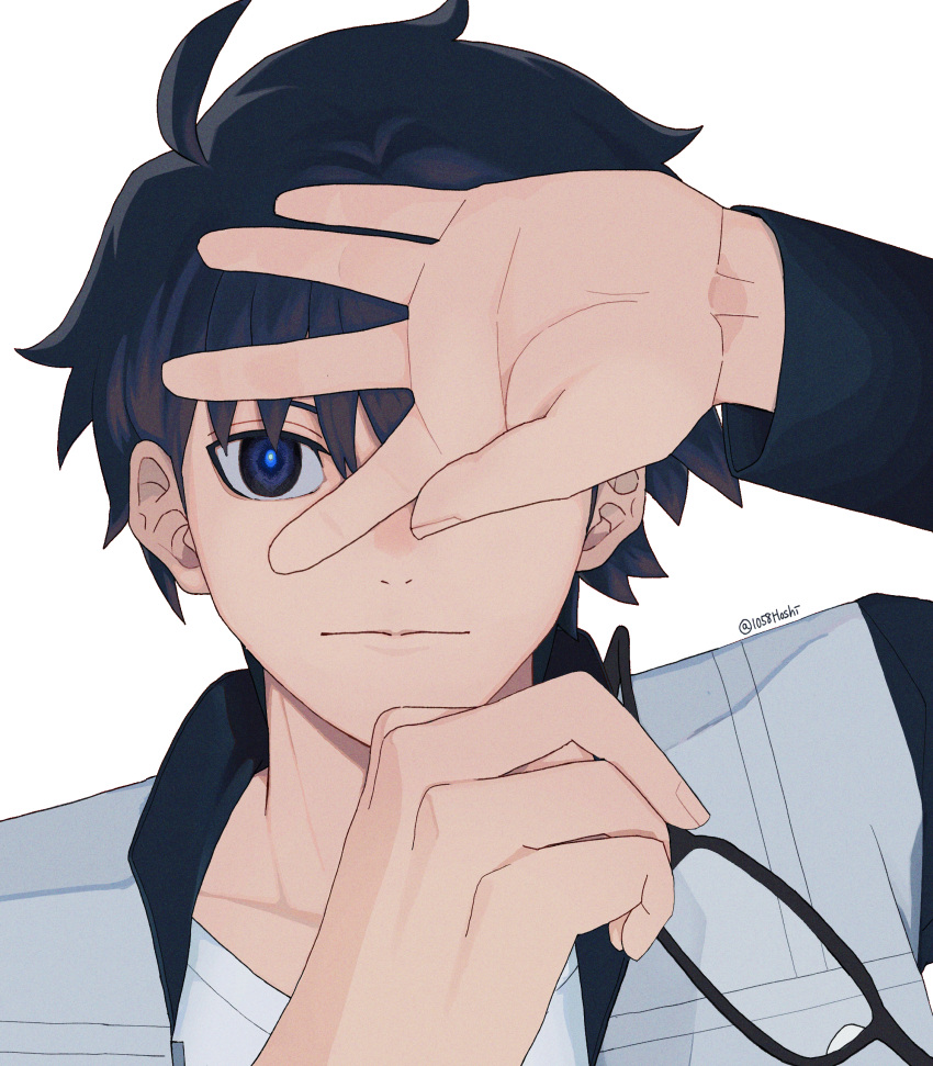 1058hoshi, 1boy, absurdres, ahoge, black_eyes, black_hair, commentary, glasses, hand_on_own_face, highres, jacket, looking_at_viewer, male_focus, mystic_eyes_of_death_perception, open_clothes, open_hand, open_jacket, profile, shirt, tohno_shiki, tsukihime, tsukihime_(remake), unworn_eyewear, white_shirt