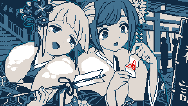 2girls, :d, alternate_costume, arrow_(projectile), blue_theme, commentary_request, diagonal_bangs, eye_of_providence