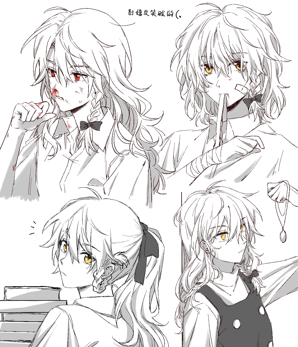 1girl, alternate_hairstyle, bandage_in_mouth, bandaged_arm, bandages, blood, blood_on_clothes, blood_on_hands