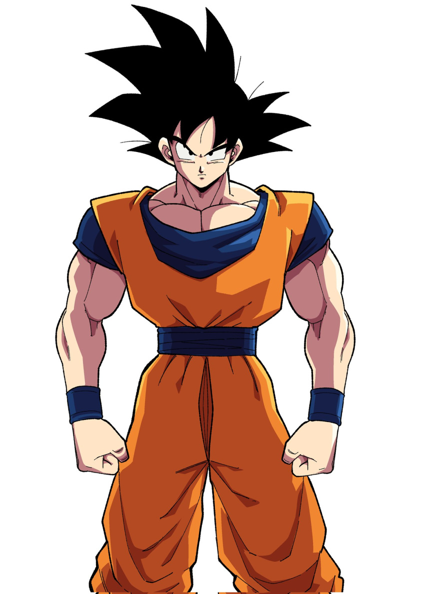 1boy, black_eyes, black_hair, commentary, corrupted_twitter_file, dougi, dragon_ball, dragon_ball_z, feet_out_of_frame, hashtag-only_commentary, highres, male_focus, muscular, muscular_male, pectoral_cleavage, pectorals, serious, solo, son_goku, wristband, yubusushi
