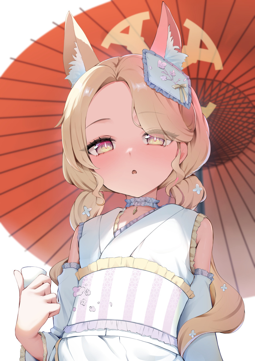 1girl, absurdres, animal_ear_fluff, animal_ears, aoto_mei, blonde_hair, blue_archive, choko_(cup)