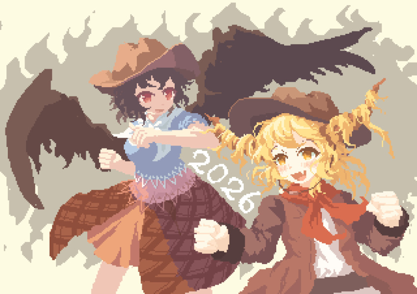 02charaice20, 2026, 2girls, absurdres, alternate_costume, bandana, blonde_hair, blue_shirt