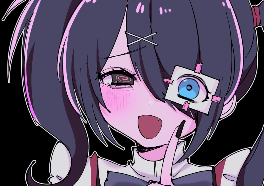 1girl, :d, @_@, ame-chan_(needy_girl_overdose), babumi_roriko, black_background, black_eyes, black_hair, black_nails, blue_eyes, chouzetsusaikawa_tenshi-chan, fang, finger_to_cheek, hair_ornament, hair_over_one_eye, hashtag-only_commentary, highres, long_hair, looking_at_viewer, nail_polish, needy_girl_overdose, one_eye_covered, open_mouth, paper, portrait, simple_background, smile, solo, twintails, x_hair_ornament