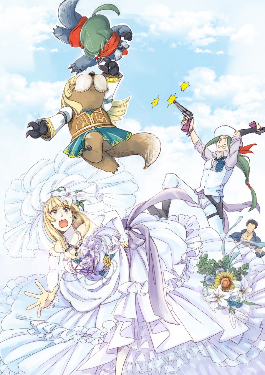1girl, alicia_(valkyrie_profile_2), arngrim, blonde_hair, bouquet, bride, clouds, commentary_request