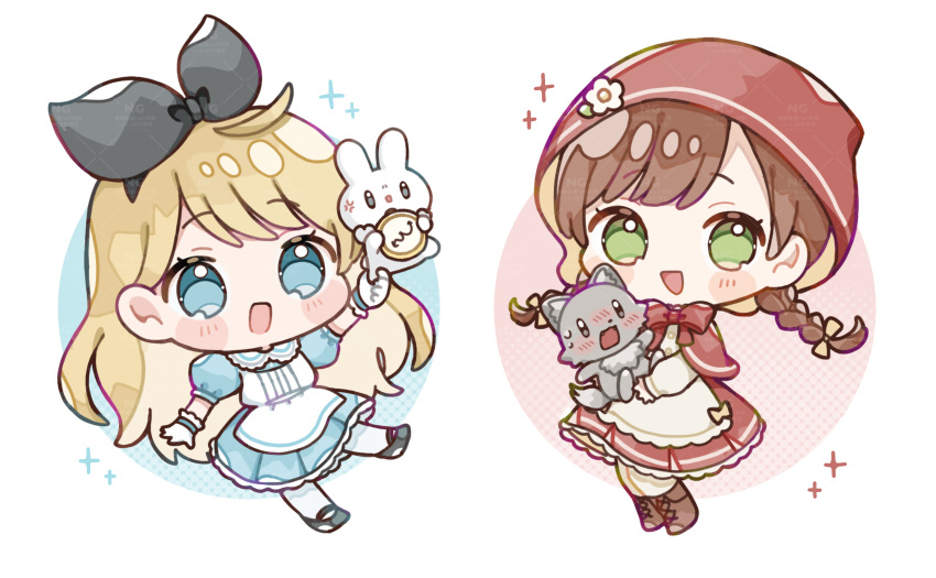 2girls, :d, alice's_adventures_in_wonderland, alice_(alice_in_wonderland), apron, black_hairband, black_shoes, blonde_hair