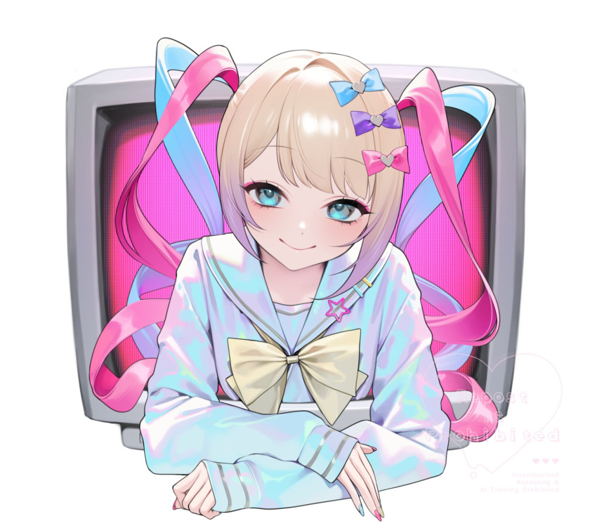 blue_eyes, bow, chouzetsusaikawa_tenshi-chan, eyeshadow, hair_ornament, heart, highres, iridescent, iridescent_clothes, leaning_forward, long_hair, makeup, multicolored_hair, multicolored_nails, nail_polish, needy_girl_overdose, ohisashiburi, pale_skin, pink_eyeshadow, school_uniform, serafuku, smile, star_(symbol), television, twintails, white_background