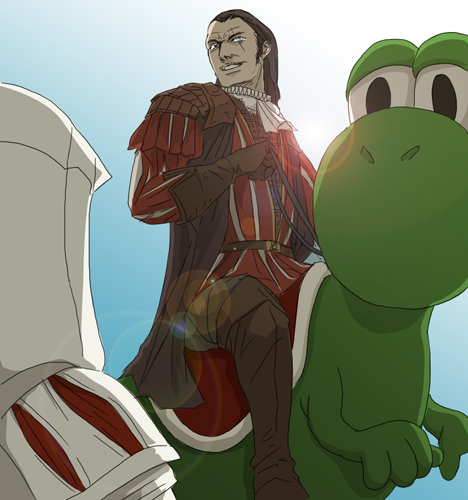 assassin's_creed, assassin's_creed, cape, commentary, crossover, ezio_auditore_da_firenze, gb_(doubleleaf), genmaipudding, hood, lens_flare, lowres, mario, mario_auditore, namesake, parody, pun, saddle, scar, super_mario_bros., yoshi