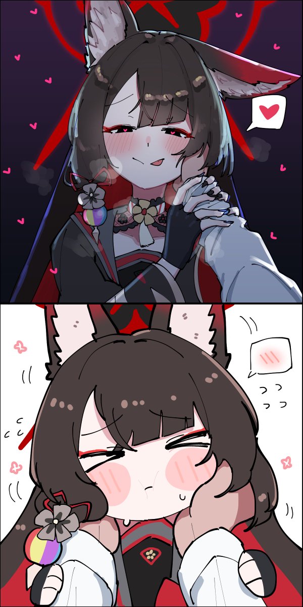 >_<, 1girl, 1other, animal_ear_fluff, animal_ears, black_gloves, black_hair, black_kimono