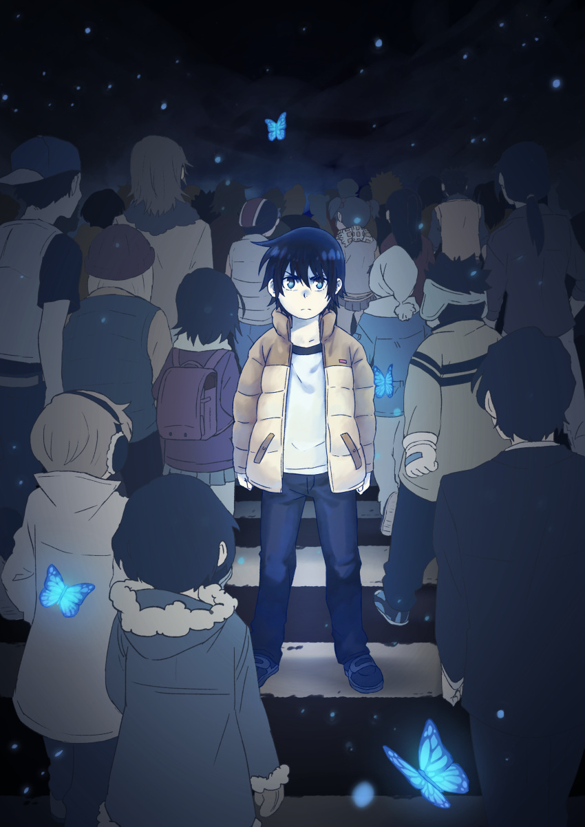 3girls, 6+boys, absurdres, backpack, backwards_hat, bag, beanie, blue_butterfly