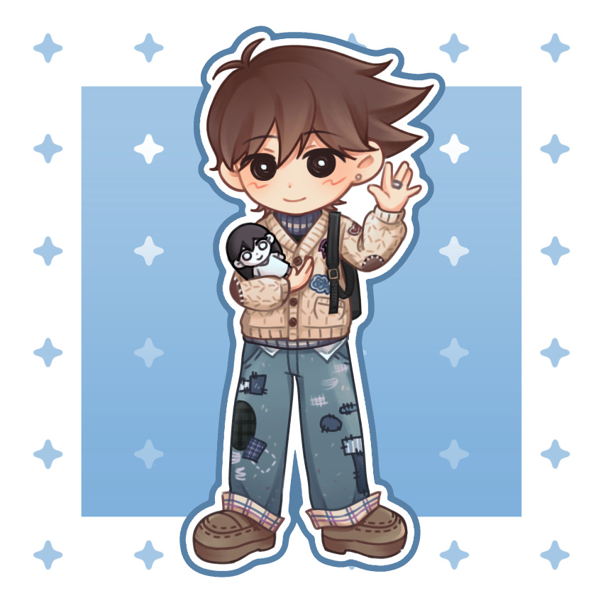 1boy, \||/, absurdres, antenna_hair, black_eyes, blue_pants, blush, border