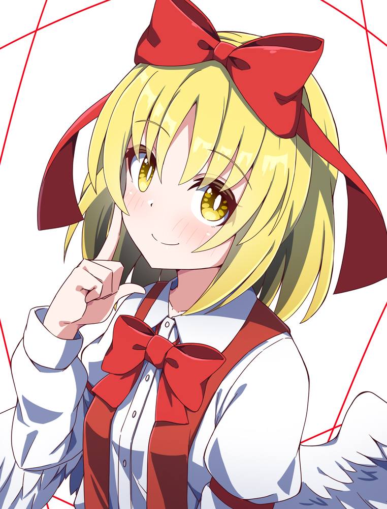 1girl, angel_wings, blonde_hair, blush, bow, bowtie, closed_mouth, collared_shirt