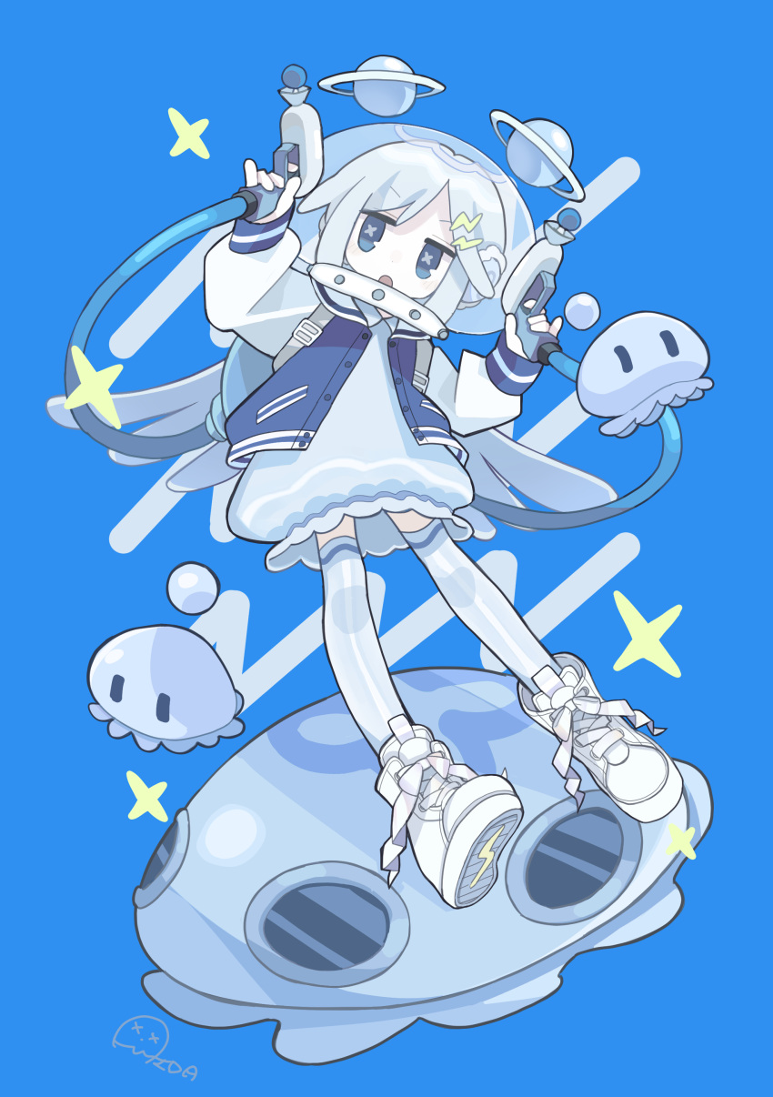 1girl, absurdres, aida_(aidia), alien, artist_name, blue_background, blue_eyes, blue_jacket