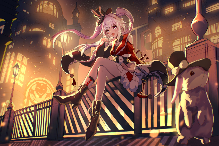 1girl, :d, absurdres, black_boots, boots, butterfly-shaped_pupils, clothing_cutout, commentary_request