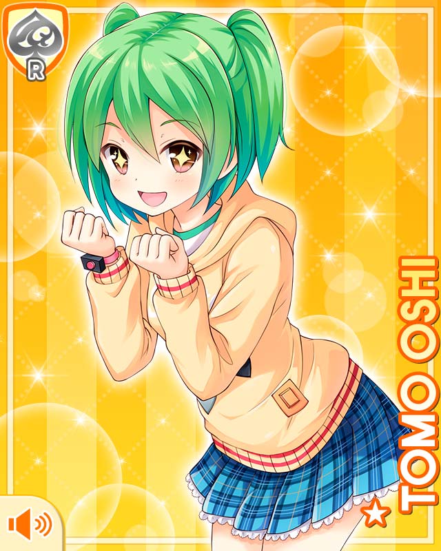 1girl, :d, blue_skirt, brown_eyes, card_(medium), character_name, clenched_hands, girlfriend_(kari)