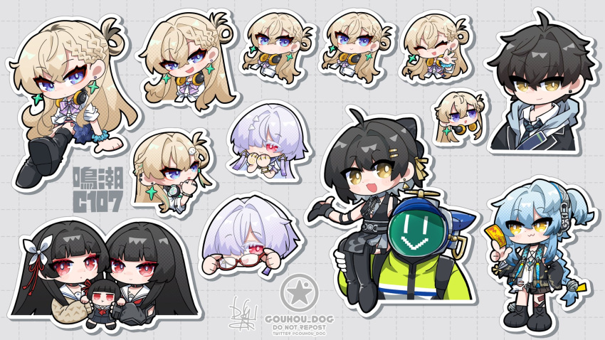 1boy, 6+girls, :3, black_hair, black_jacket, black_shoes, blonde_hair, blue_eyes, blue_hair, bow, bowtie, buling_(wuthering_waves), carrying, character_doll, chisa_(wuthering_waves), closed_mouth, colored_eyelashes, comiket_107, commentary_request, dog-san, doll, dress, dual_persona, earrings, female_rover_(wuthering_waves), grey_hair, hair_between_eyes, hair_ornament, hair_over_one_eye, hair_ribbon, hands_up, headphones, headphones_around_neck, highres, holding, holding_doll, holding_ofuda, jacket, jewelry, long_hair, looking_at_viewer, lynae_(wuthering_waves), male_rover_(wuthering_waves), mornye_(wuthering_waves), multiple_girls, official_alternate_costume, ofuda, open_mouth, purple_bow, purple_bowtie, red_eyes, red_ribbon, ribbon, rover_(wuthering_waves), s.i.g.m.a._(wuthering_waves), sailor_collar, shirt, shoes, shoulder_carry, side_ponytail, smile, star_(symbol), star_earrings, triangle_earrings, waving, white_dress, white_sailor_collar, white_shirt, wuthering_waves, yellow_eyes