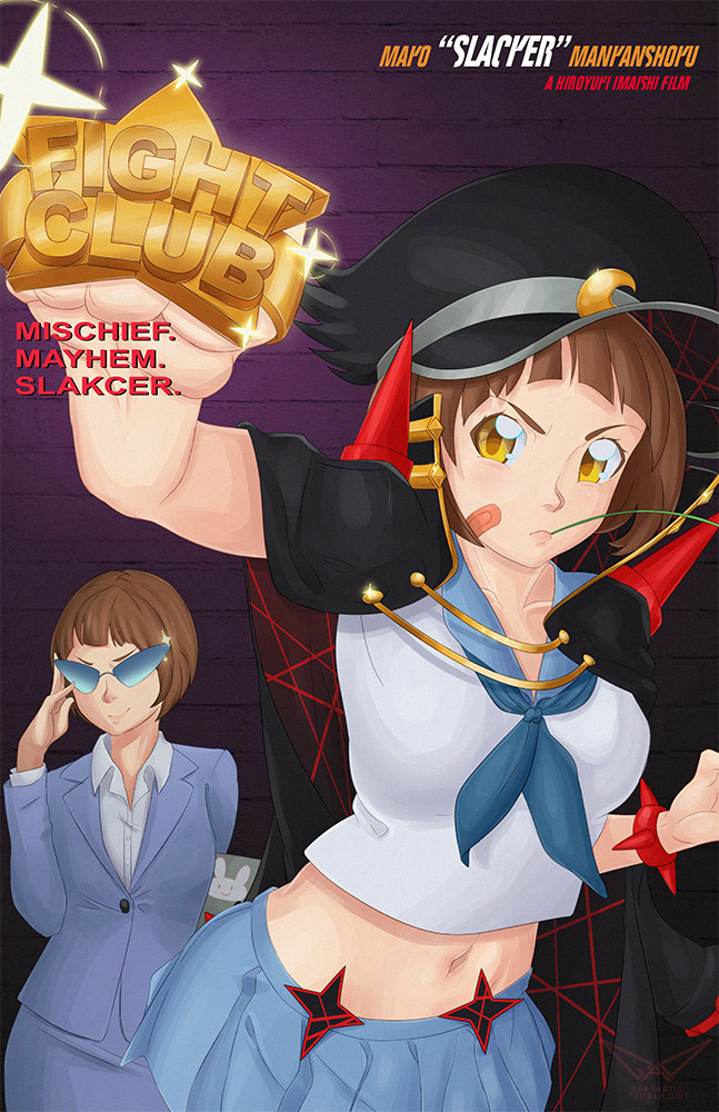 banchou, bob_cut, brass_knuckles, brown_eyes, brown_hair, commentary, delinquent, dual_persona, english_commentary, fight_club, gartastic, glasses, hat, kill_la_kill, mankanshoku_mako, school_uniform, shako_cap, short_hair, skirt, skirt_suit, spikes, suit, weapon