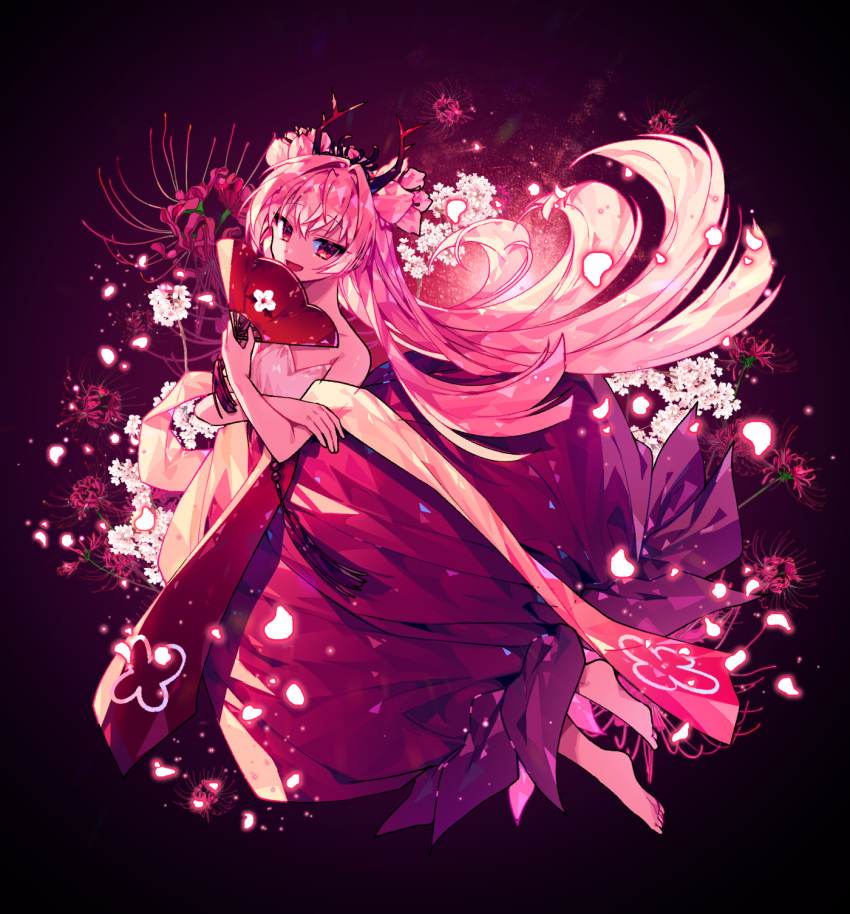 1girl, :d, bare_arms, bare_shoulders, barefoot, black_background, black_tiara, buchu14569590