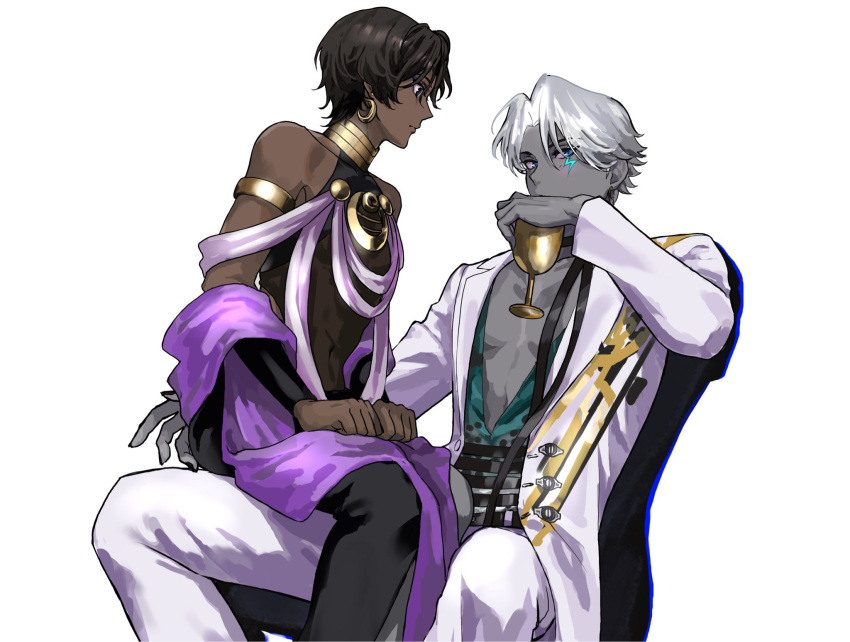 2boys, arjuna_(celebratory_attire)_(fate), arjuna_(fate), black_eyes, black_hair, blue_eyes, blush, choker