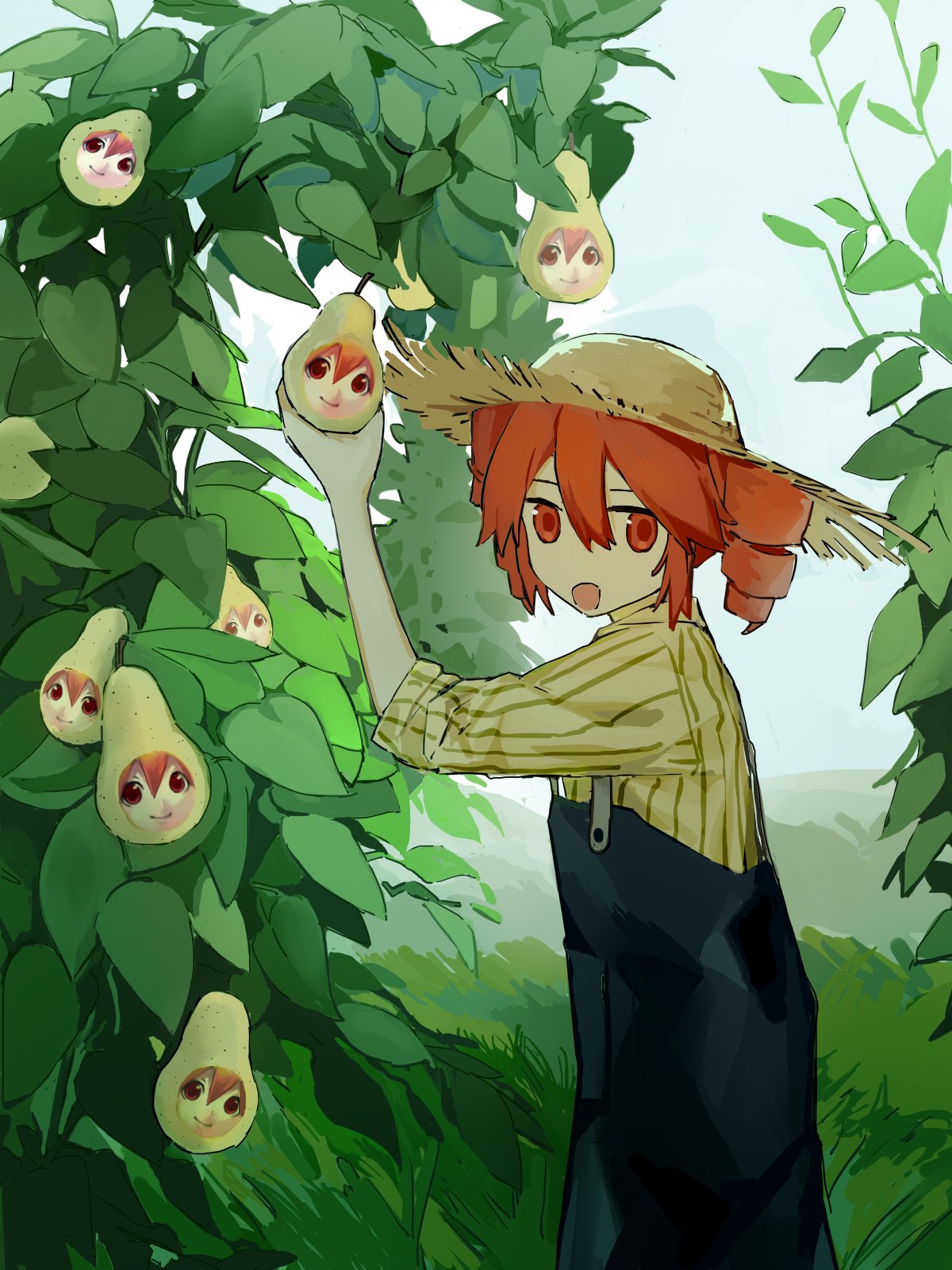 1girl, arm_up, blue_overalls, commentary, drill_hair, english_commentary, feet_out_of_frame, food