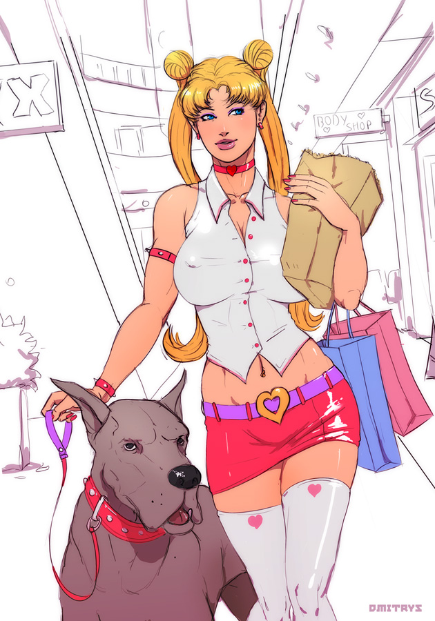 bishoujo_senshi_sailor_moon, blonde_hair, blue_eyes, choker, dmitrys, dog, leash, midriff, miniskirt, shopping, thigh-highs, tsukino_usagi
