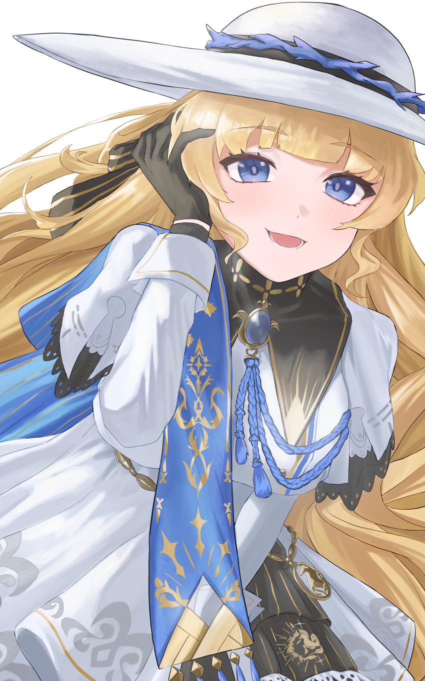 1girl, absurdres, black_gloves, blonde_hair, blue_eyes, blue_sash, breasts, commentary, cowboy_shot, gloves, hand_up, hat, high-waist_skirt, highres, kageyama_izumi, long_hair, looking_at_viewer, medium_breasts, open_mouth, phoebe_(wuthering_waves), sash, shirt, simple_background, skirt, smile, solo, very_long_hair, white_background, white_hat, white_shirt, white_skirt, wuthering_waves