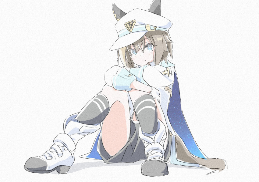 1girl, animal_ears, black_shorts, black_socks, blue_cape, blue_eyes, boots, brown_hair