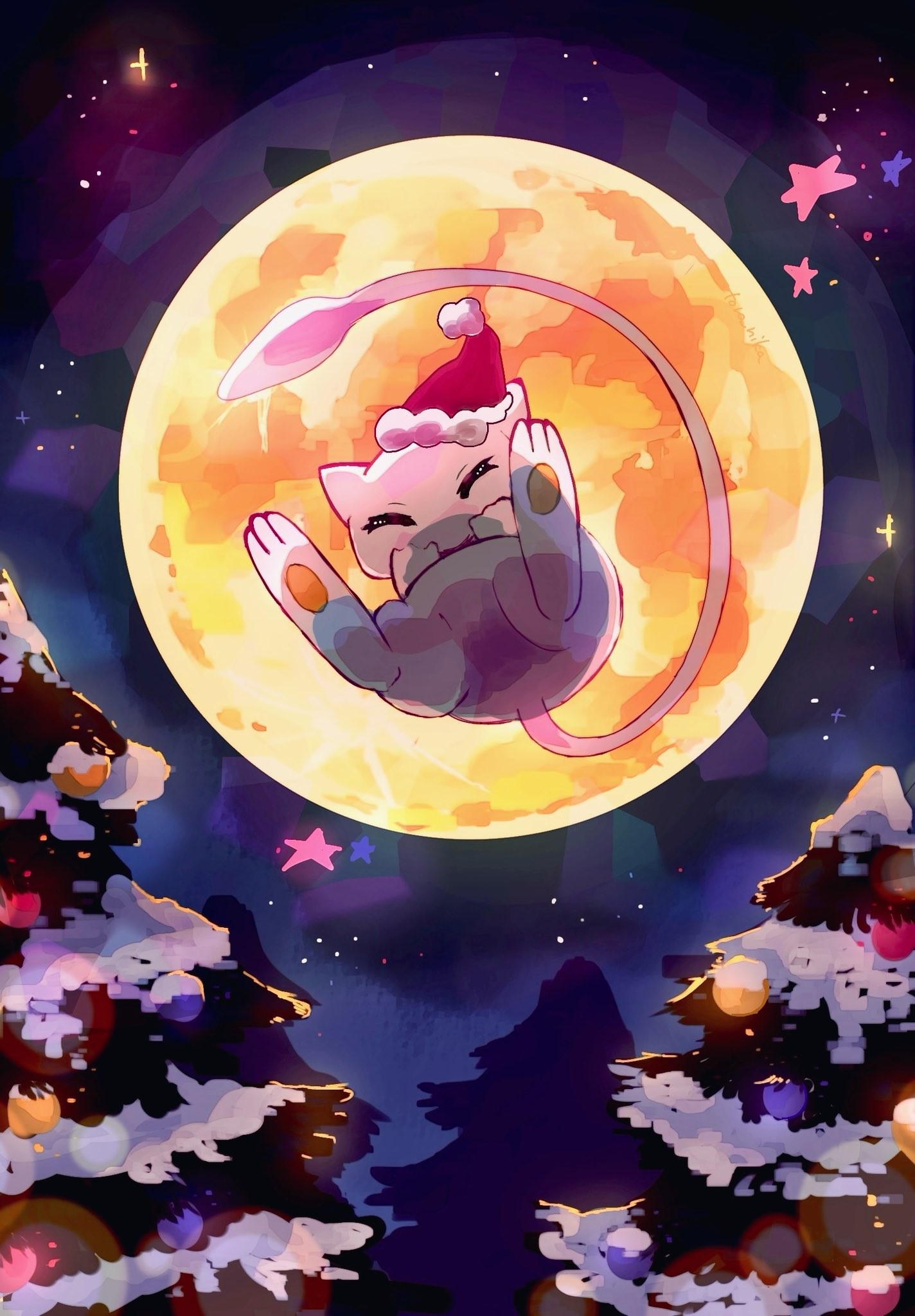 ^_^, christmas, christmas_tree, closed_eyes, commentary_request, facing_viewer, floating, full_moon